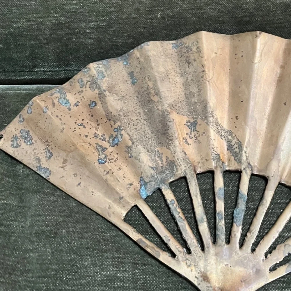 Vintage Brass Fans Set of‎ Two Embossed Dragon Phoenix Floral Taiwan